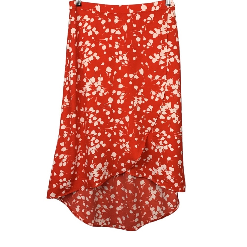 J. Crew Poppy Red Orange White Floral Faux Wrap Midi Skirt sz S